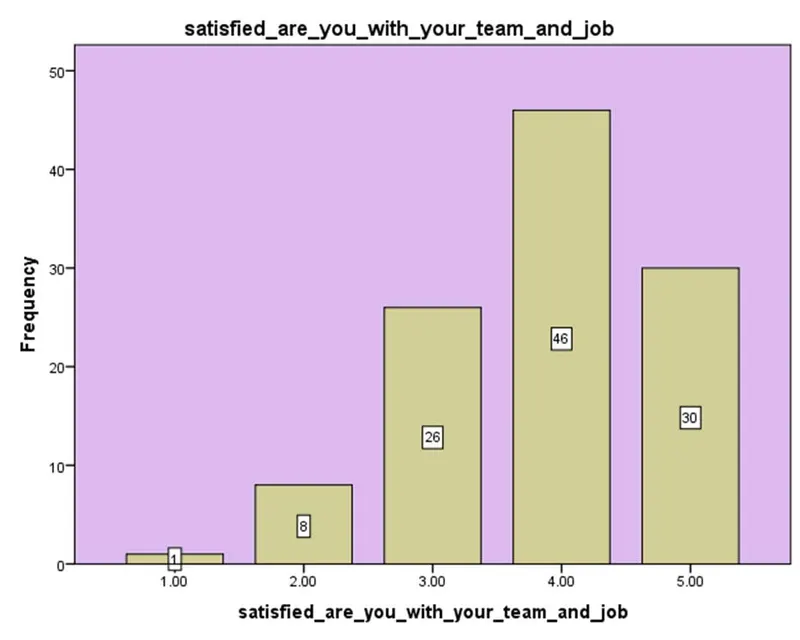 Bar chart of satisfaction with team and job on a 1 to 5 scale: 1, 8, 26, 46 and 30 respondents