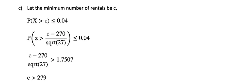 Typed workings for part c: a 4% upper tail needs (c − 270) ÷ √27 above 1.7507, so c is more than 279