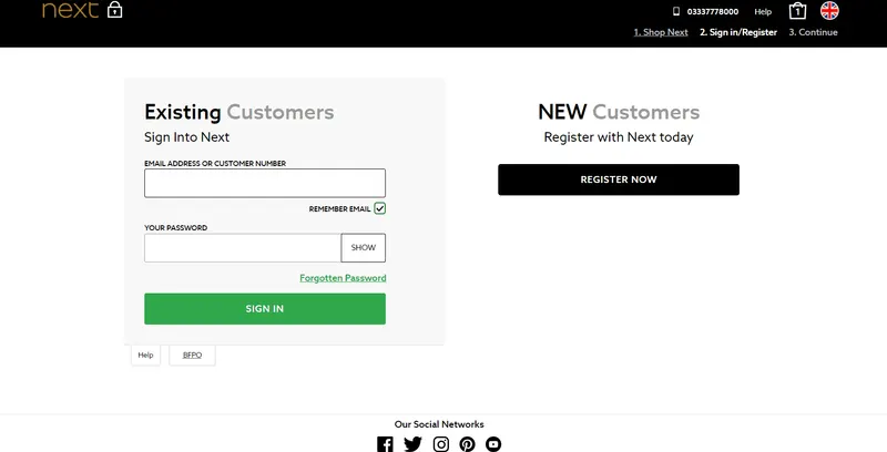 Next checkout page asking existing customers to sign in and new customers to register