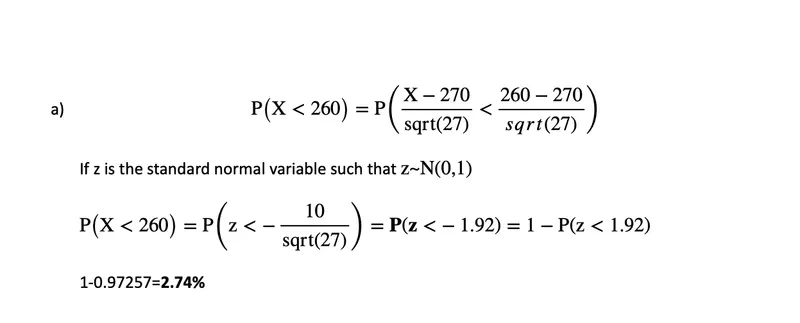 Typed workings for part a: 260 cars standardised to z = −1.92, giving 1 − 0.97257 = 2.74%