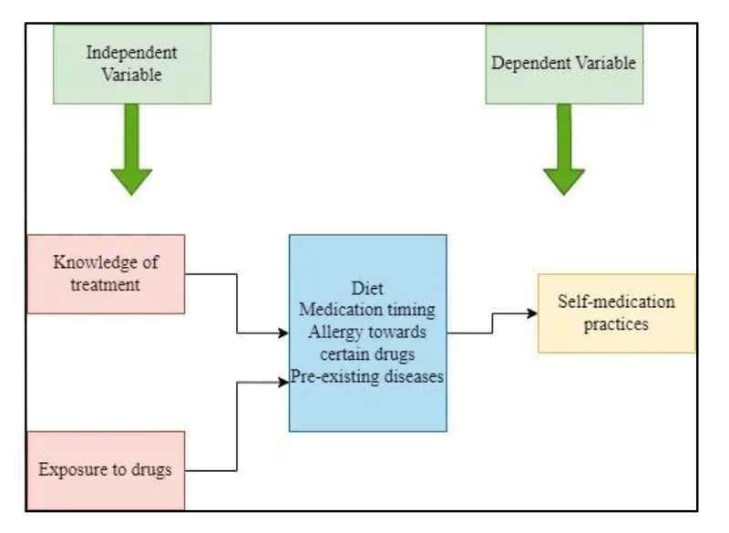 Conceptual framework diagram linking drug exposure and treatment knowledge to self-medication practices