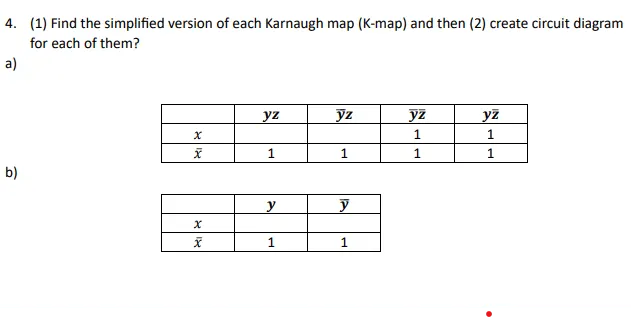 Question 4 worksheet, parts a and b: a three-variable and a two-variable Karnaugh map