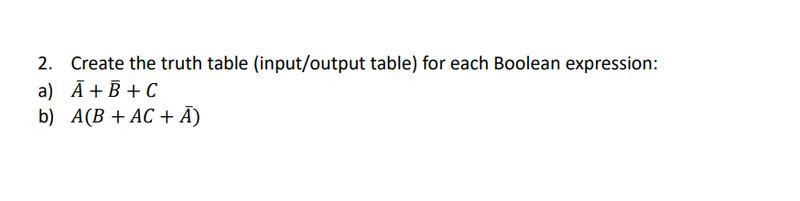 Question 2 worksheet asking for a truth table for each of two expressions, with NOT written as an overbar