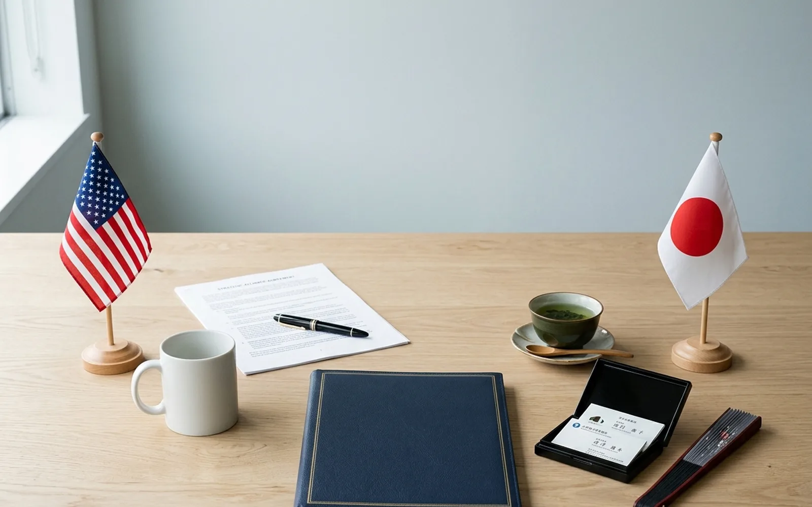 Meeting table with an American flag and contract on one side, a Japanese flag, green tea and business cards on the other