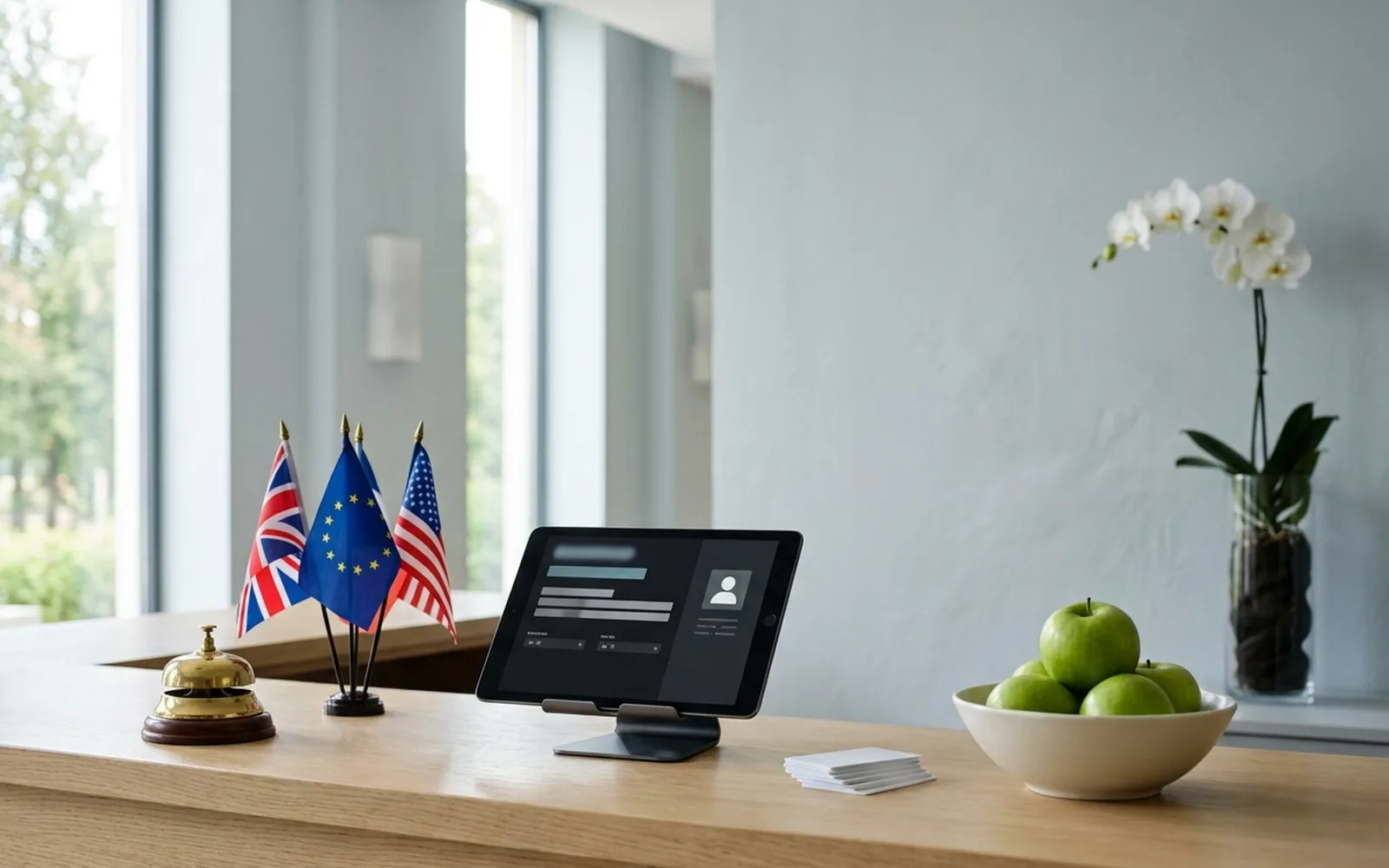 Hotel reception counter with a brass bell, three national flags, a check-in tablet, keycards and green apples