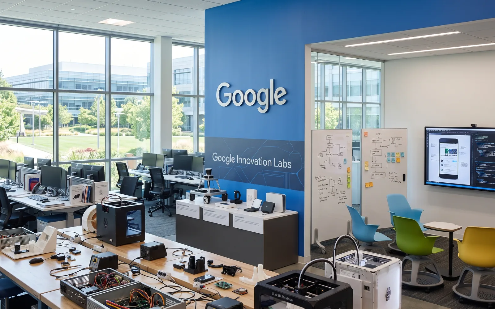 Google innovation lab with a Google wall sign, workbenches, 3D printers and a whiteboard