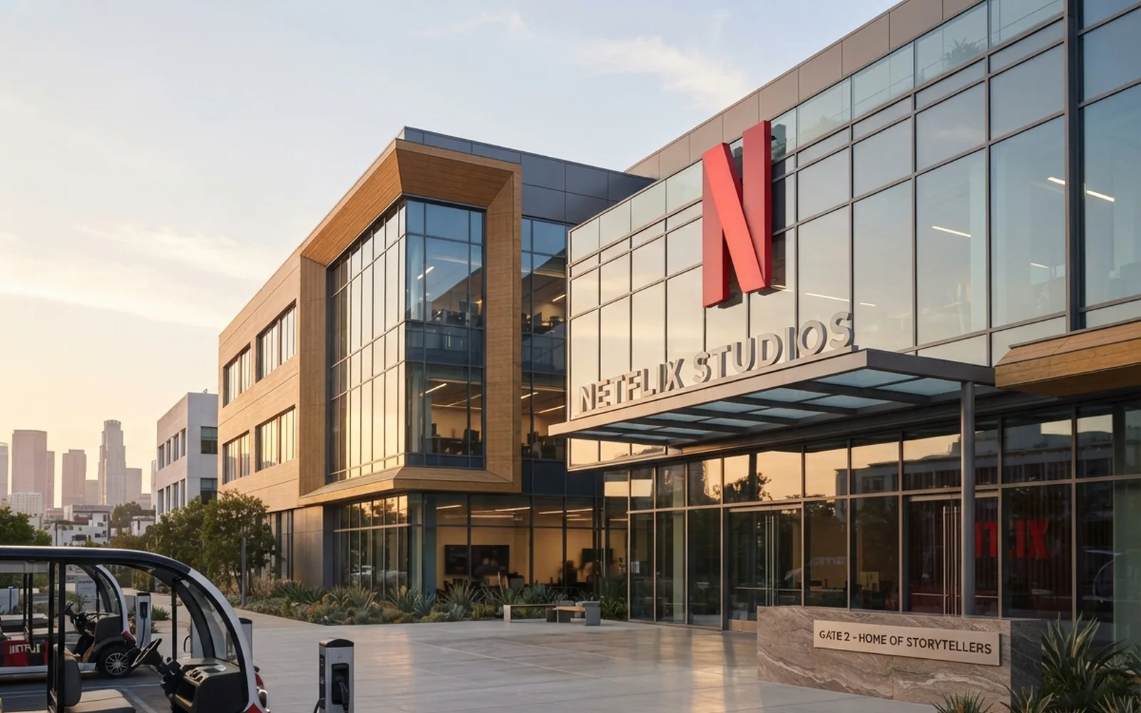 Netflix Studios building with the red N sign at sunset, electric carts charging by the entrance