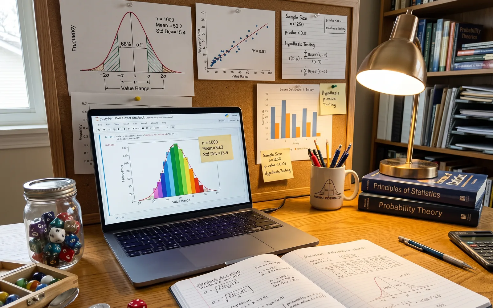 Statistics study desk with dice, a laptop histogram, a bell-curve poster and worked notes