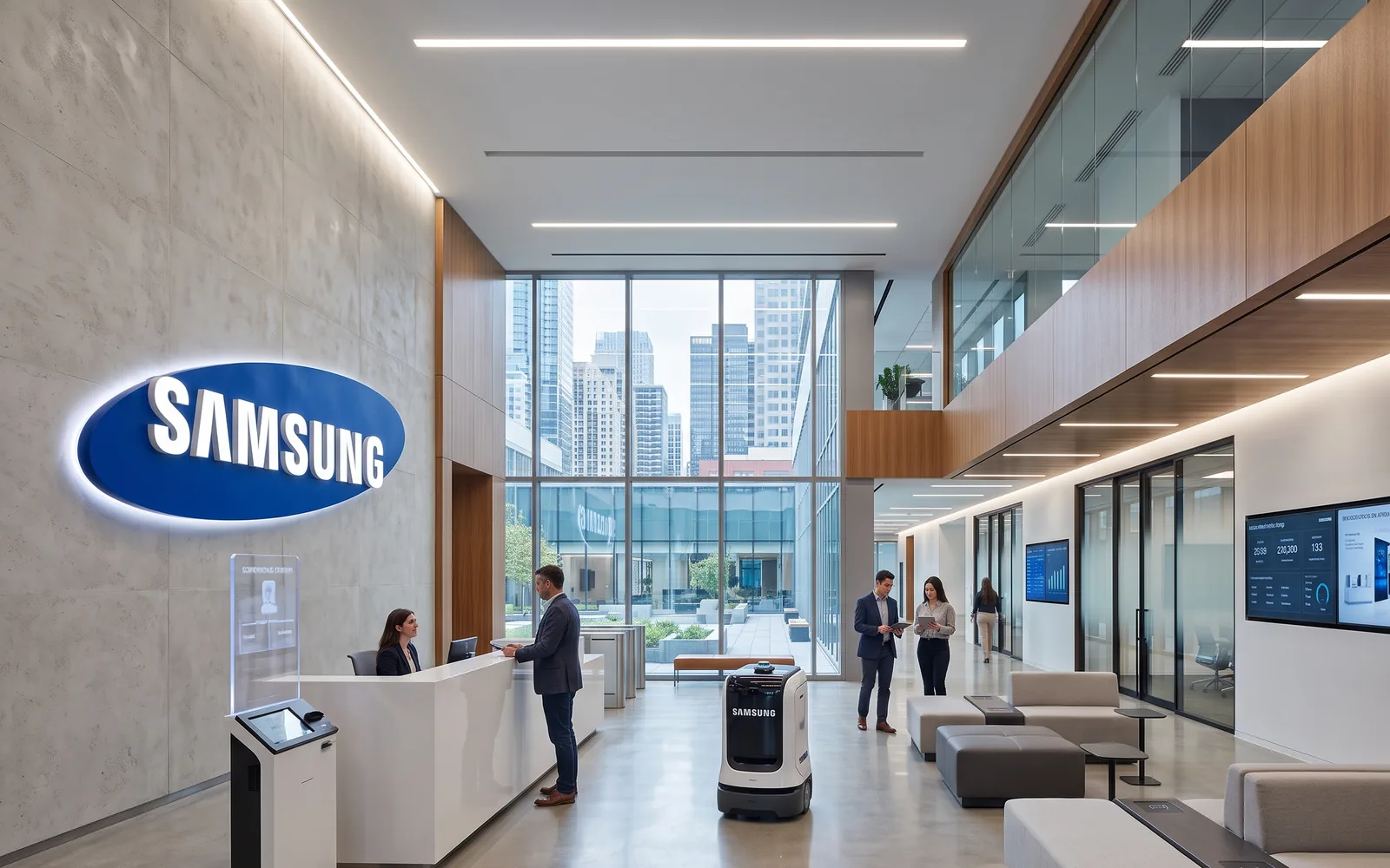 Samsung office lobby with the Samsung sign, a reception desk and a delivery robot crossing the floor
