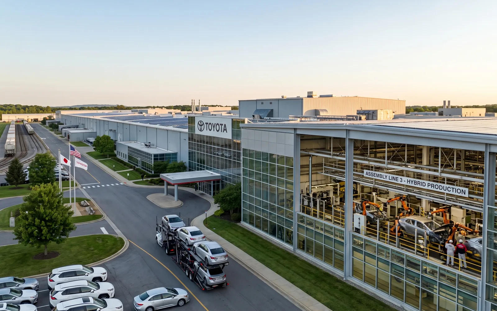 Toyota assembly plant from above, the Toyota sign on the building and a hybrid production line visible through the glass